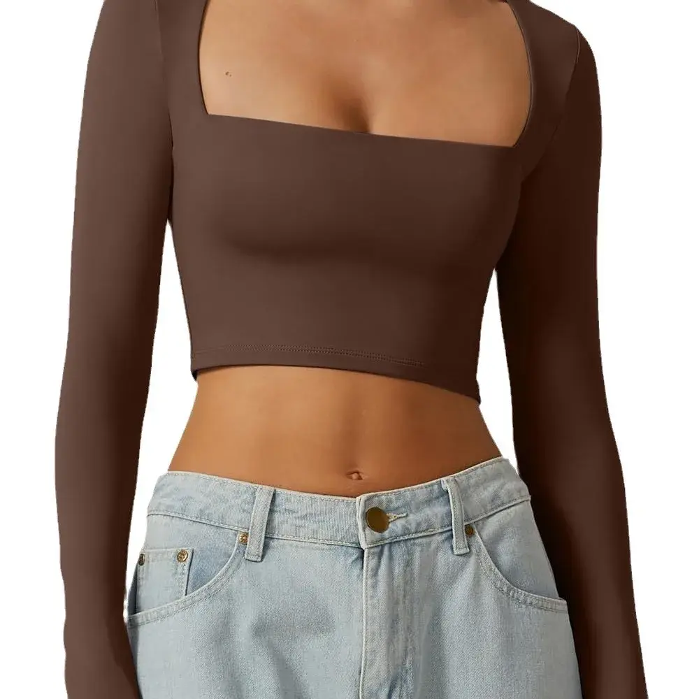 Slim Fit Short Sleeveless Women's Base Shirt Pure Color Square Collar Gentle Long Sleeve Short Style Autumn Top for Women