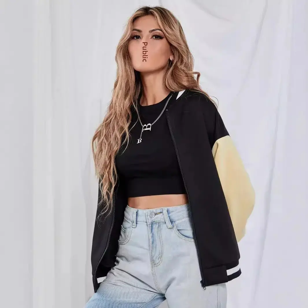 Amazon Cross-Border Women's Fashion Casual Color Block Printing Long Sleeve Jacket Outside Clothing Crew Neck Loose Style