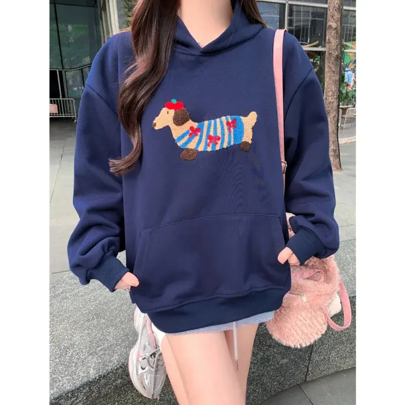 Retro American Cartoon Dog Sausage Winter Hoodie Women's Loose Fit Autumn Winter Outfit Cotton Full Sleeve Hooded Sweatshirt