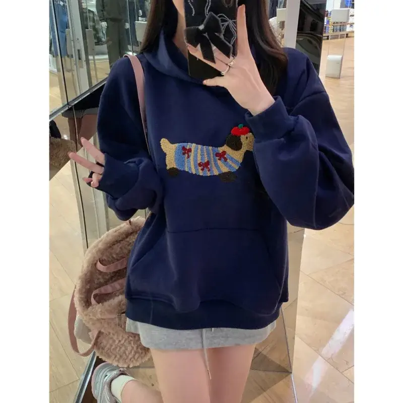 Retro American Cartoon Dog Sausage Winter Hoodie Women's Loose Fit Autumn Winter Outfit Cotton Full Sleeve Hooded Sweatshirt