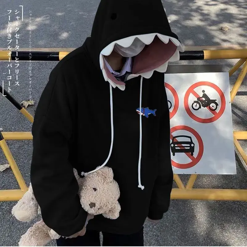 New 2021 Autumn/Winter Shark Cap Hoodie Loose Fit Fleece Lined Couple Sweatshirts Men Women Student Weird Design Sensibility Top