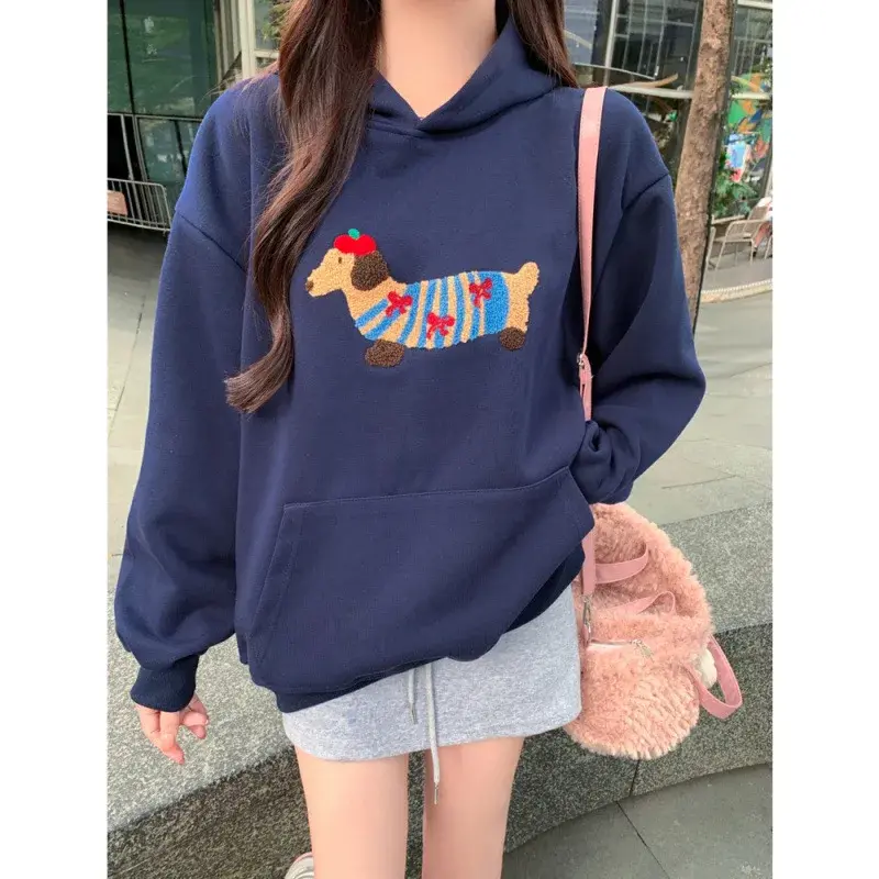 Retro American Cartoon Dog Sausage Winter Hoodie Women's Loose Fit Autumn Winter Outfit Cotton Full Sleeve Hooded Sweatshirt