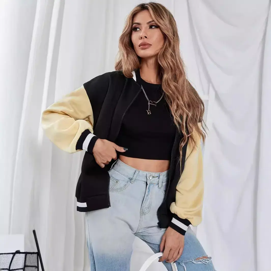 Amazon Cross-Border Women's Fashion Casual Color Block Printing Long Sleeve Jacket Outside Clothing Crew Neck Loose Style
