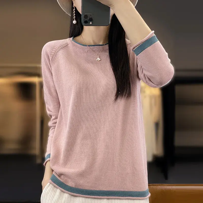 100% Pure Cotton Long Sleeve Crew Neck Knitted Sweater Women's Loose Color Block Thin Cotton Thread Base Shirt Spring Autumn