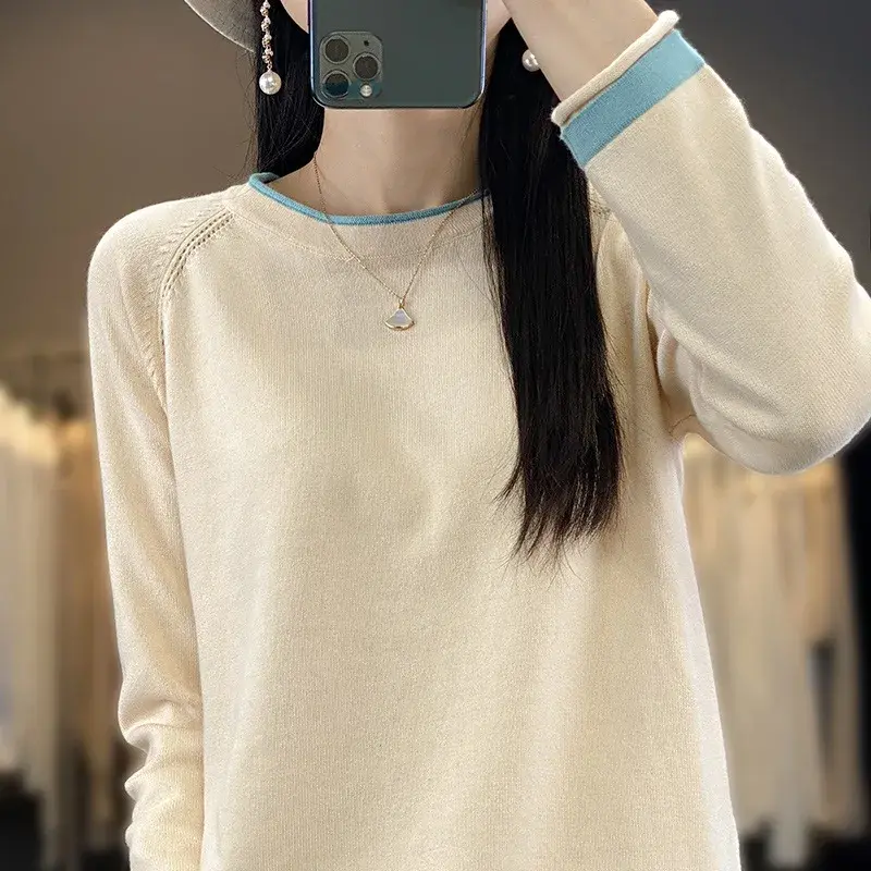 100% Pure Cotton Long Sleeve Crew Neck Knitted Sweater Women's Loose Color Block Thin Cotton Thread Base Shirt Spring Autumn