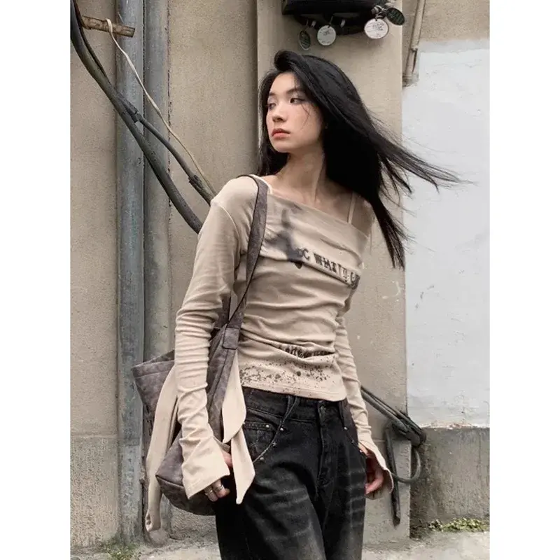 Slim Fit Long Sleeve T-Shirt One Shoulder Design Cotton Modal Ribbed Material Comfortable Soft Color Block Women's Top