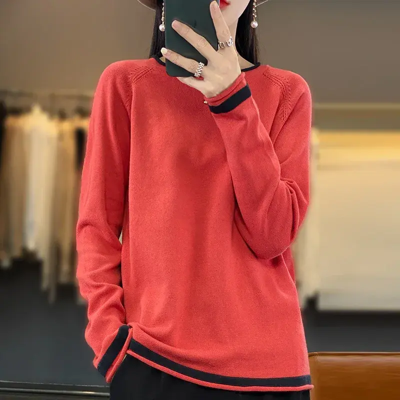 100% Pure Cotton Long Sleeve Crew Neck Knitted Sweater Women's Loose Color Block Thin Cotton Thread Base Shirt Spring Autumn
