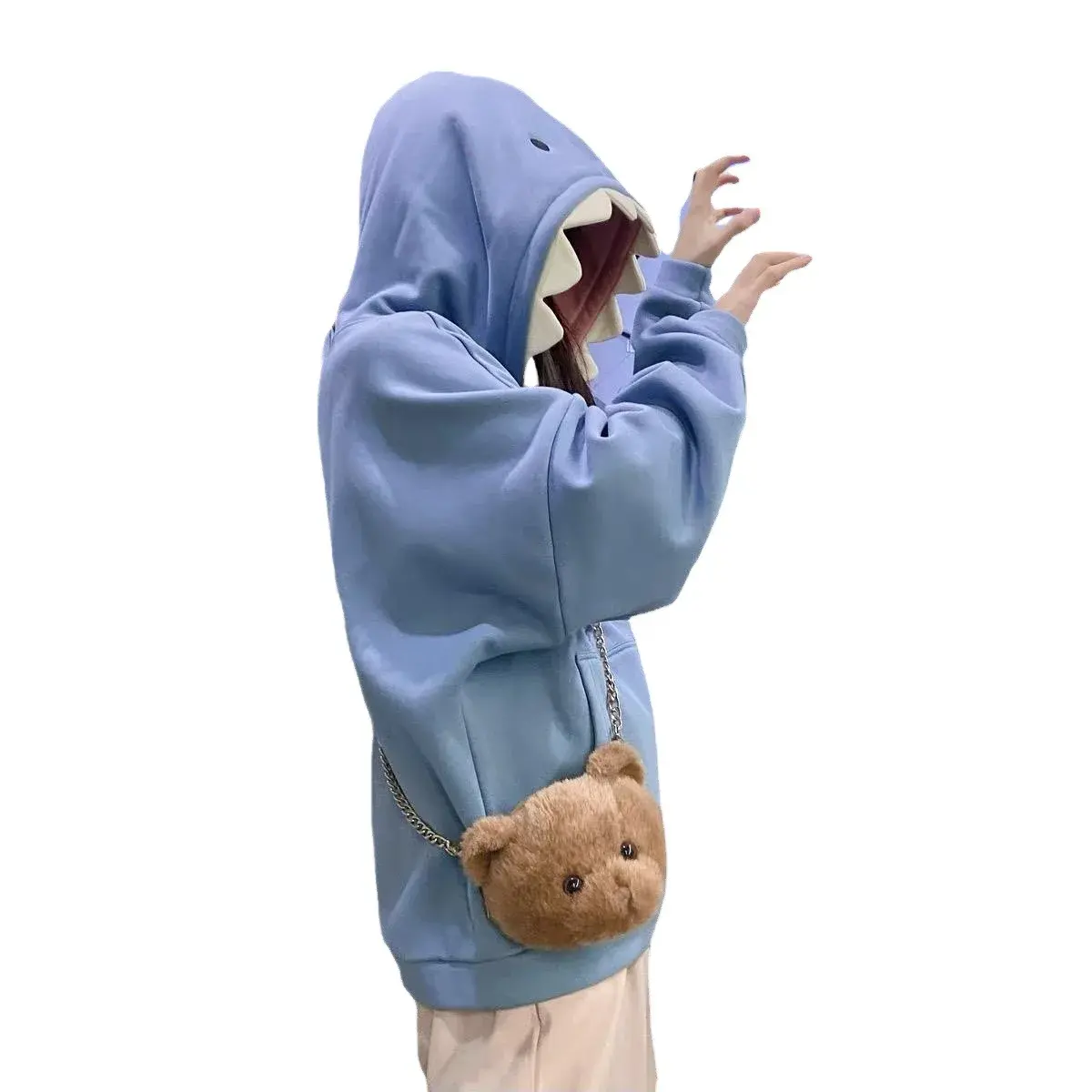 New 2021 Autumn/Winter Shark Cap Hoodie Loose Fit Fleece Lined Couple Sweatshirts Men Women Student Weird Design Sensibility Top