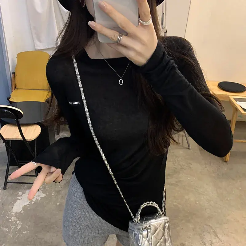 Skin-friendly Lightweight Long Sleeve Women's T-shirt Chic Labelled Cover-up Base Layer Shirt Early Autumn New Style Trendy Top