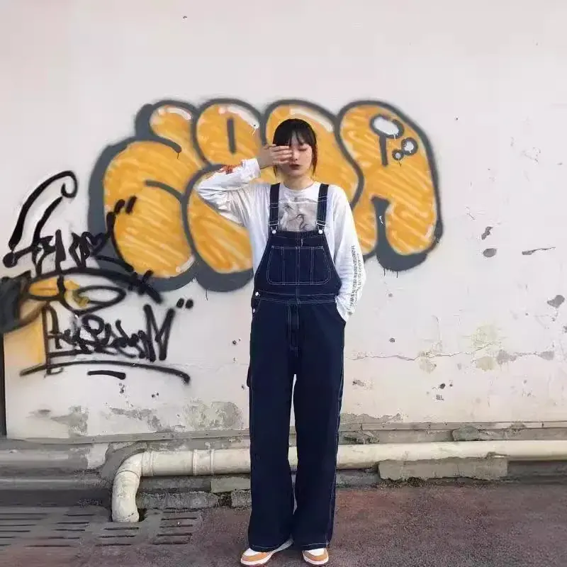 American Vintage Style Denim Jumpsuit Loose Fit Casual Design Unisex Couple's Wardrobe Staple Straight-leg Workwear Pants