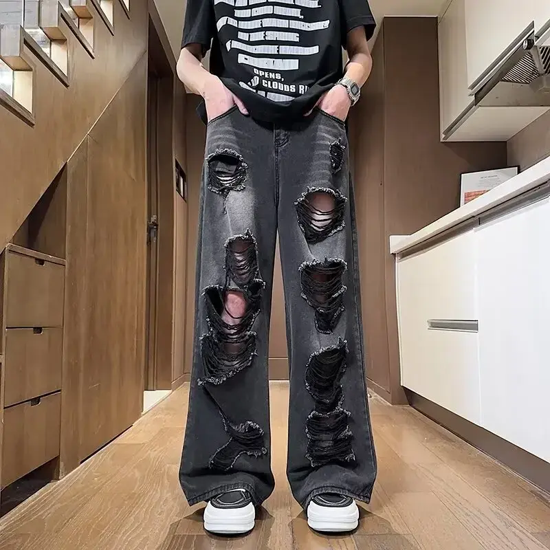 2024 New Vintage American Style Distressed Black Straight-leg Casual Wide-leg Holeed Denim Pants Trendy Spring/autumn