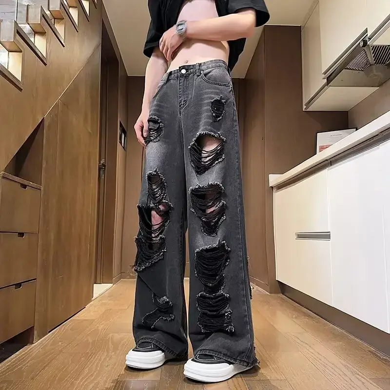 2024 New Vintage American Style Distressed Black Straight-leg Casual Wide-leg Holeed Denim Pants Trendy Spring/autumn