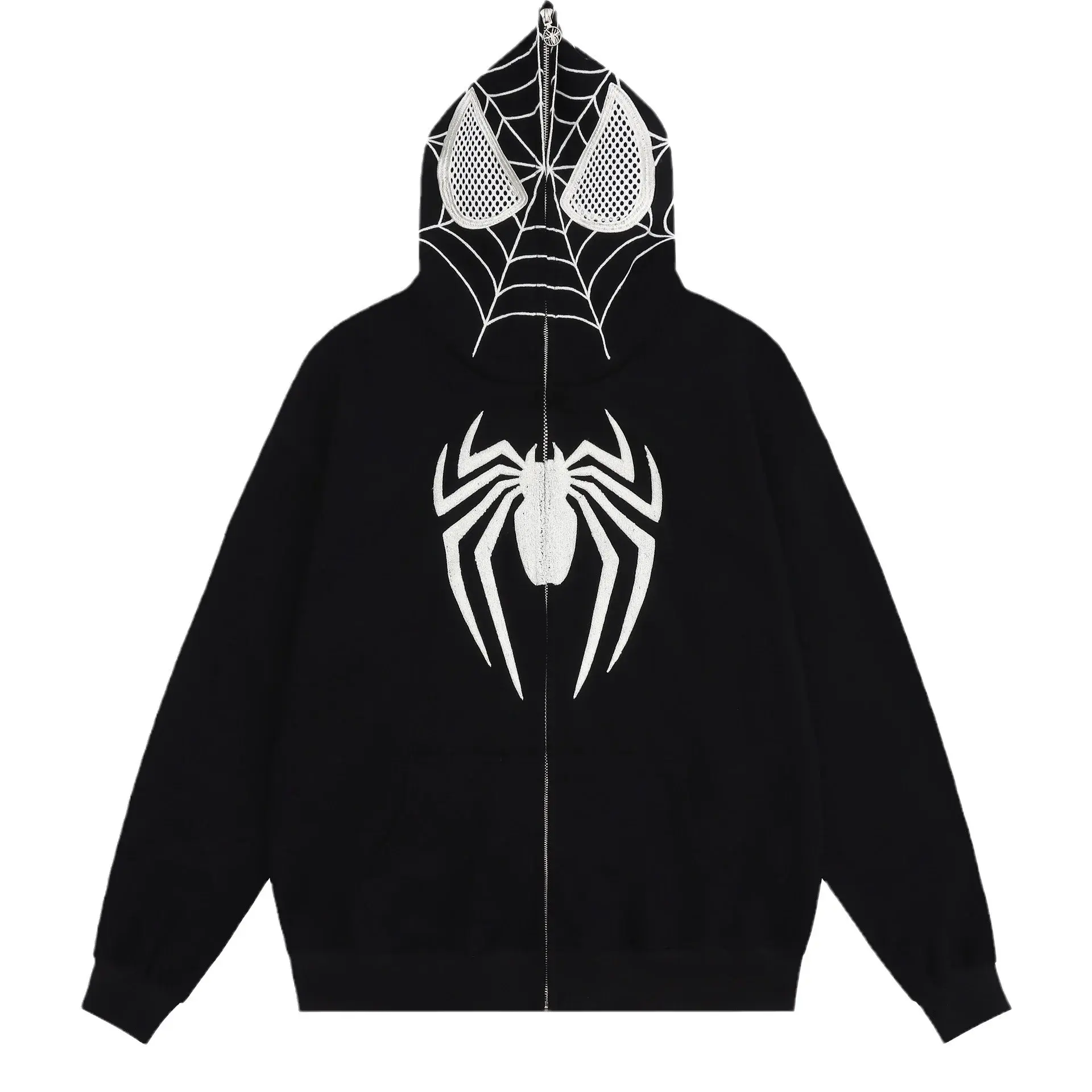 Vintage American Style Spiderman Print Hooded Sweatshirt Zipper Cardigan Autumn Street Loose Fit Jacket Trendy Hip Hop Casual