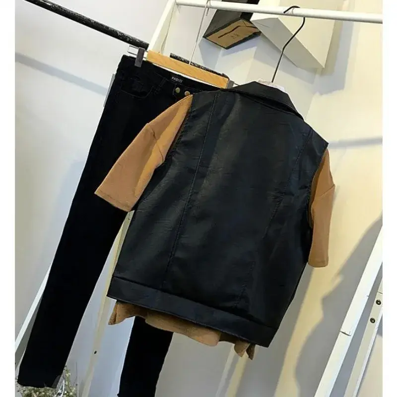Spring Pu Leather Jacket Women's Student Korean Style Loose-fit Slimming Cropped Top Versatile Motorcycle Vest Trendy