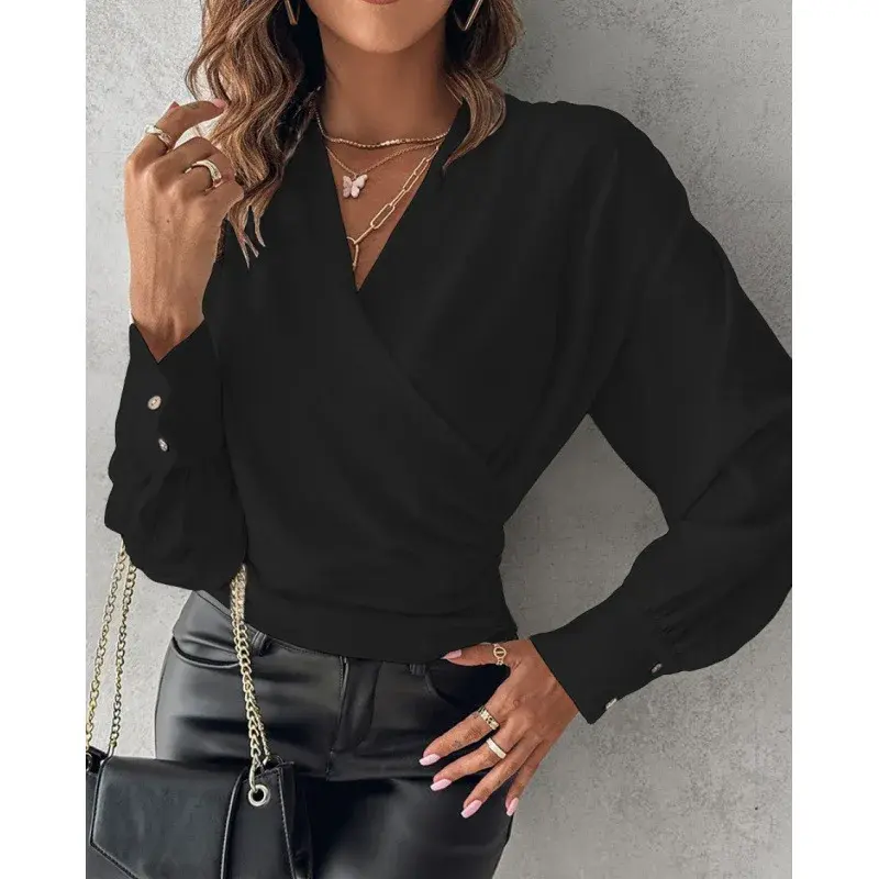 Fashionable Long Sleeve V-Neck Printed Women's Shirt Elegant Chic Autumn Top Quality Button-Up Casual Wear Made in China