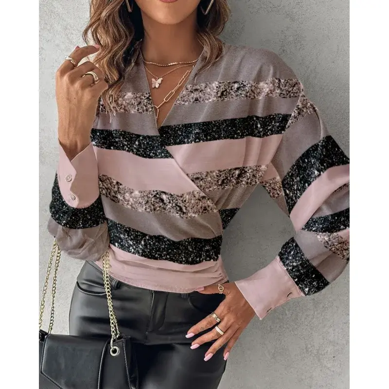 Fashionable Long Sleeve V-Neck Printed Women's Shirt Elegant Chic Autumn Top Quality Button-Up Casual Wear Made in China