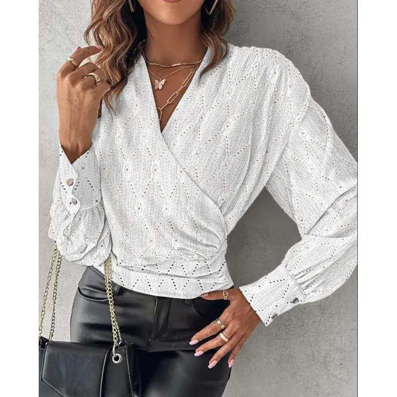 Fashionable Long Sleeve V-Neck Printed Women's Shirt Elegant Chic Autumn Top Quality Button-Up Casual Wear Made in China