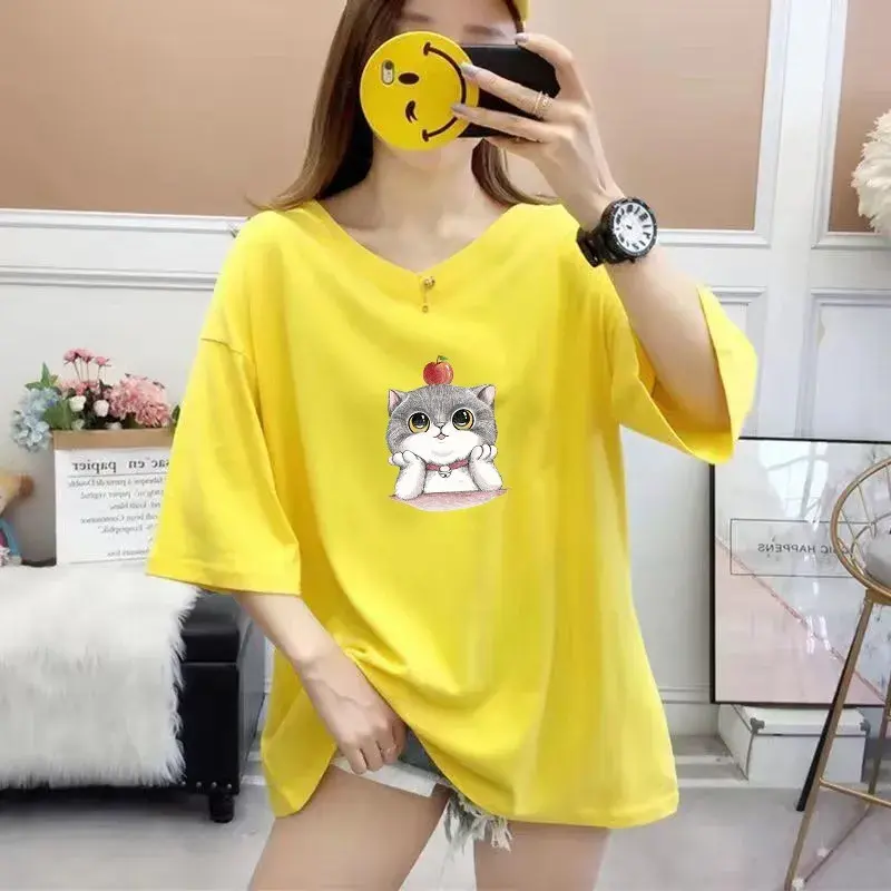 Plus Size Women's T-shirt V-neck Short Sleeve Loose Fit Versatile Summer Slimming Top Polyester Fiber Regular Sleeve Length