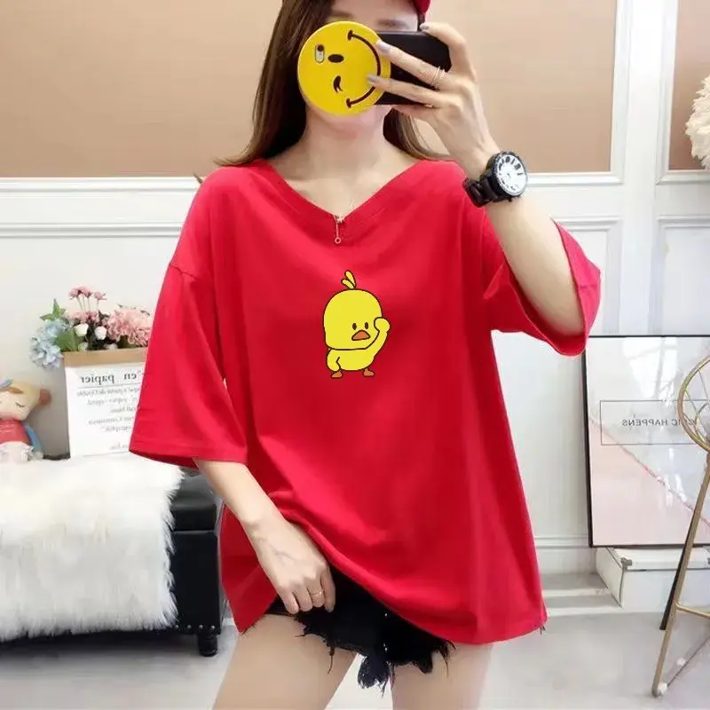 Plus Size Women's T-shirt V-neck Short Sleeve Loose Fit Versatile Summer Slimming Top Polyester Fiber Regular Sleeve Length