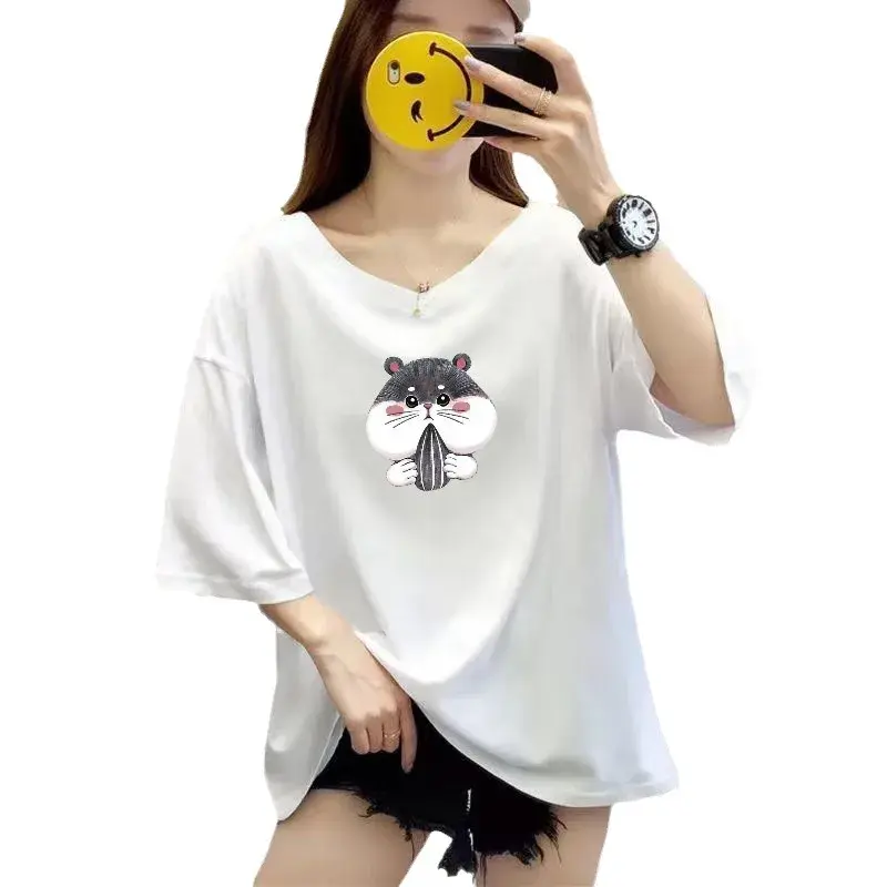 Plus Size Women's T-shirt V-neck Short Sleeve Loose Fit Versatile Summer Slimming Top Polyester Fiber Regular Sleeve Length