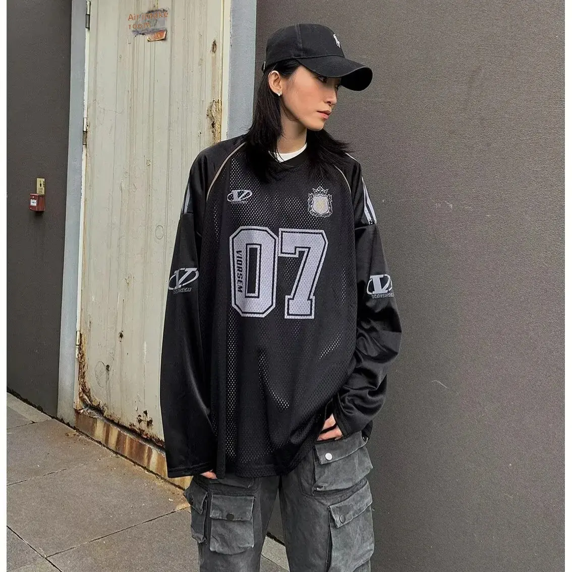 Vintage Letter Graffiti Printing Mesh Long Sleeve T-Shirt For Men Loose Fit Hip Hop Niche Versatile Top Casual Scene