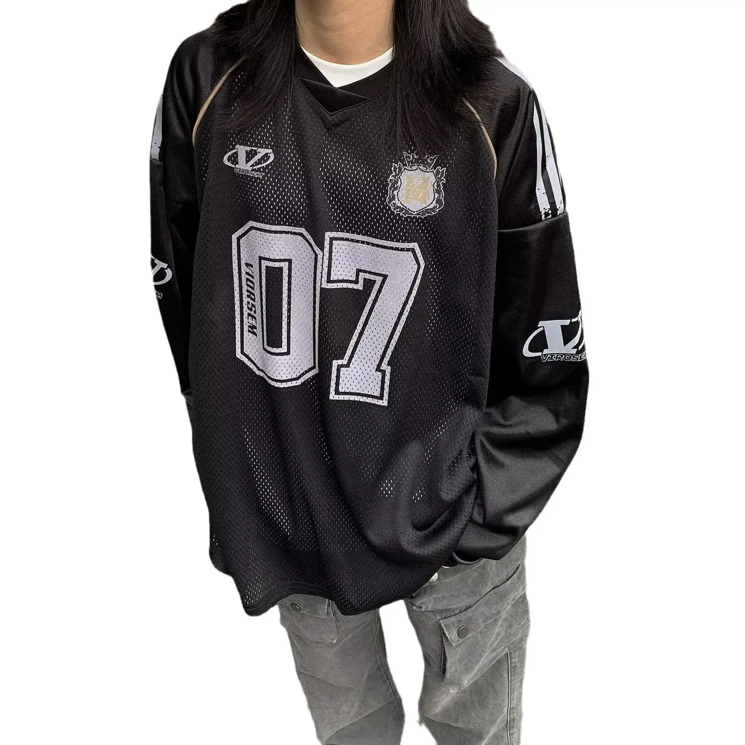 Vintage Letter Graffiti Printing Mesh Long Sleeve T-Shirt For Men Loose Fit Hip Hop Niche Versatile Top Casual Scene