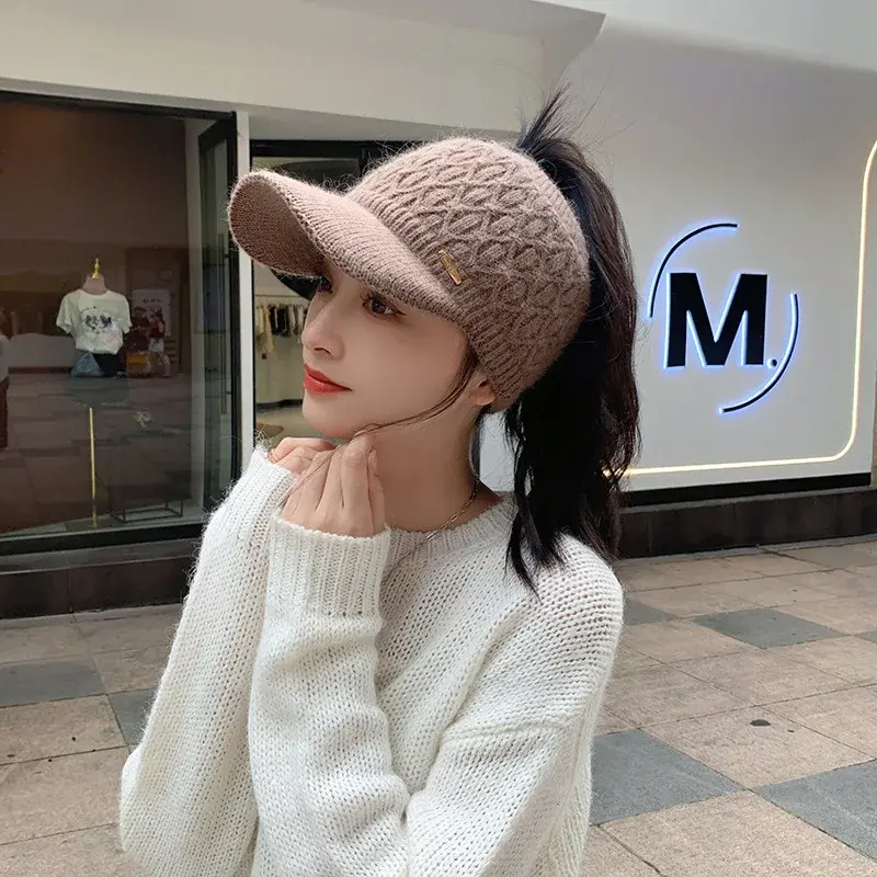 Autumn/Winter Fashionable Fleece-Lined Knit Rabbit Fur Hat Women's Big Head Duck Tongue Hat Face-Revealing Small Yarn Hat