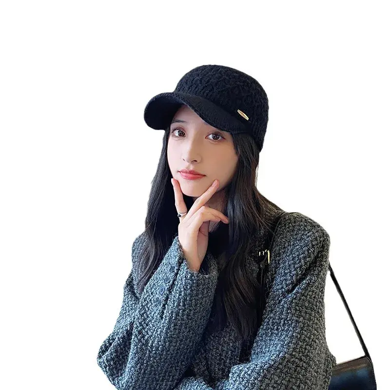 Autumn/Winter Fashionable Fleece-Lined Knit Rabbit Fur Hat Women's Big Head Duck Tongue Hat Face-Revealing Small Yarn Hat