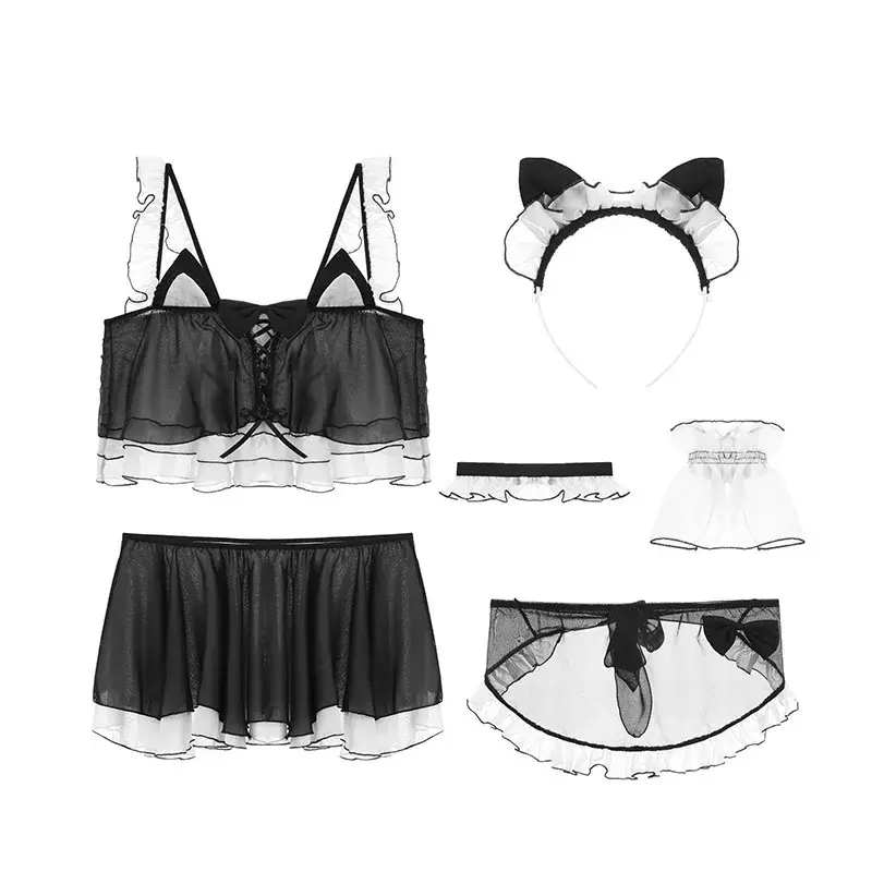 Black Women's Mini Dress Set With Headpiece Necklace Bracelet And Trousers Sexy Temptation Cat Maid Costume For Romantic Rolepla