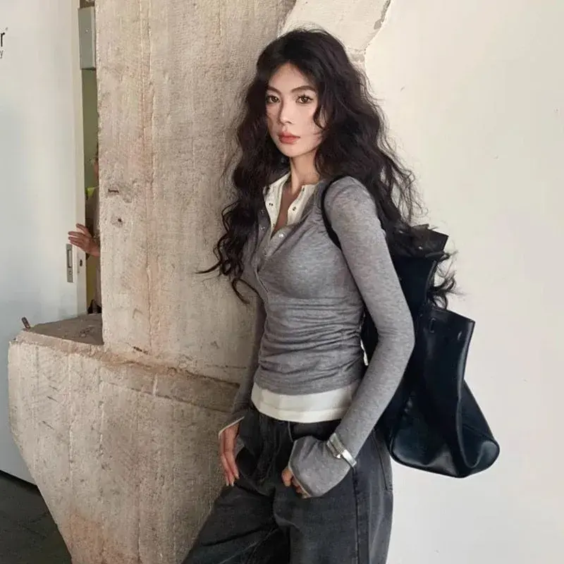 Spring Summer Thin Long Sleeve Sun Protection Shirt Slim V-Neck Pure Desire Style Thinming Fake Two-Piece Cotton Women's T-shirt