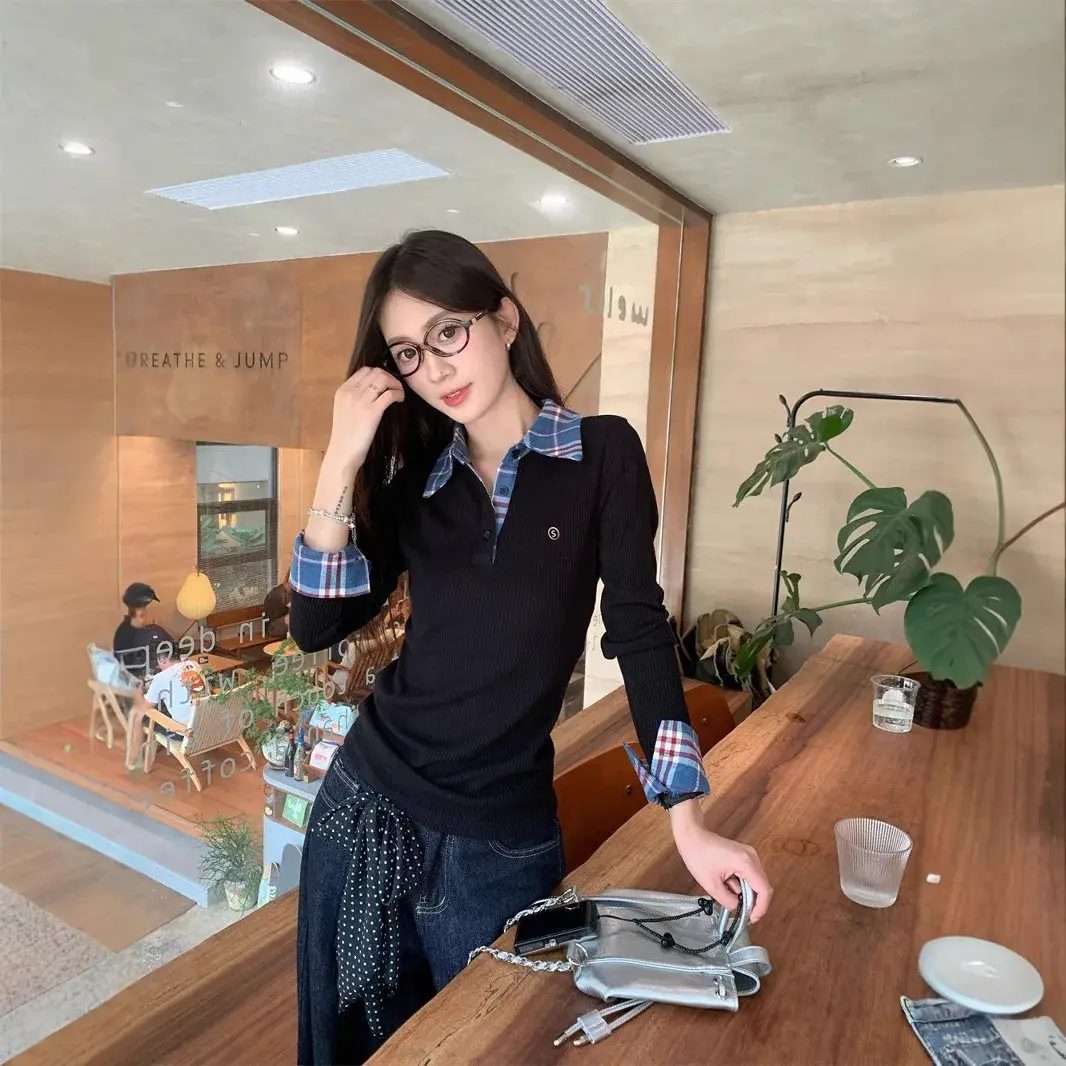 Korean Style Slim Fit Plaid Patchwork Knitwear Long Sleeve Women's Top Design Sensation Autumn Fashion Body Shaping Shirt