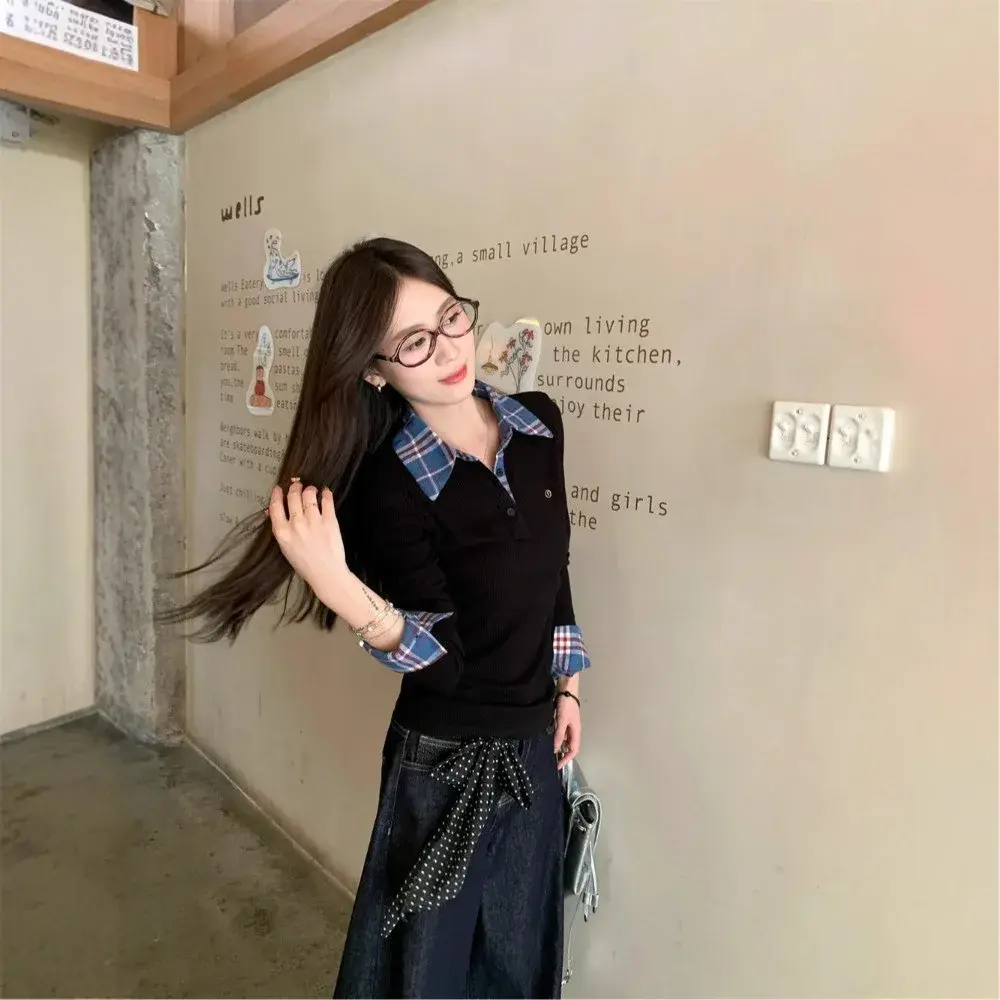 Korean Style Slim Fit Plaid Patchwork Knitwear Long Sleeve Women's Top Design Sensation Autumn Fashion Body Shaping Shirt