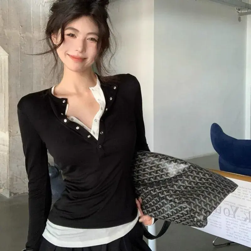 Spring Summer Thin Long Sleeve Sun Protection Shirt Slim V-Neck Pure Desire Style Thinming Fake Two-Piece Cotton Women's T-shirt
