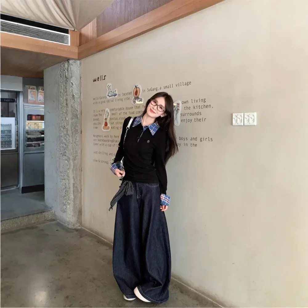 Korean Style Slim Fit Plaid Patchwork Knitwear Long Sleeve Women's Top Design Sensation Autumn Fashion Body Shaping Shirt