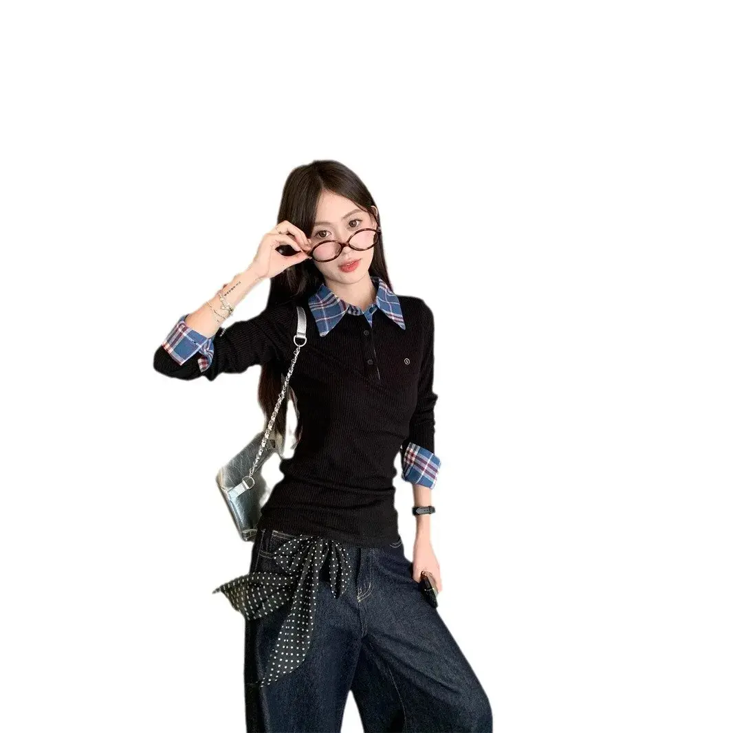 Korean Style Slim Fit Plaid Patchwork Knitwear Long Sleeve Women's Top Design Sensation Autumn Fashion Body Shaping Shirt