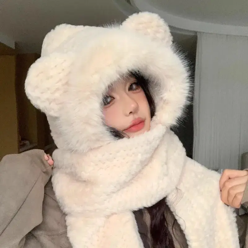Warm Bear Plush Hat Scarf Set Cute Autumn Winter Three-piece Women's Style Hot Sale Of The Season New Arrival Cozy Faux Fur Head