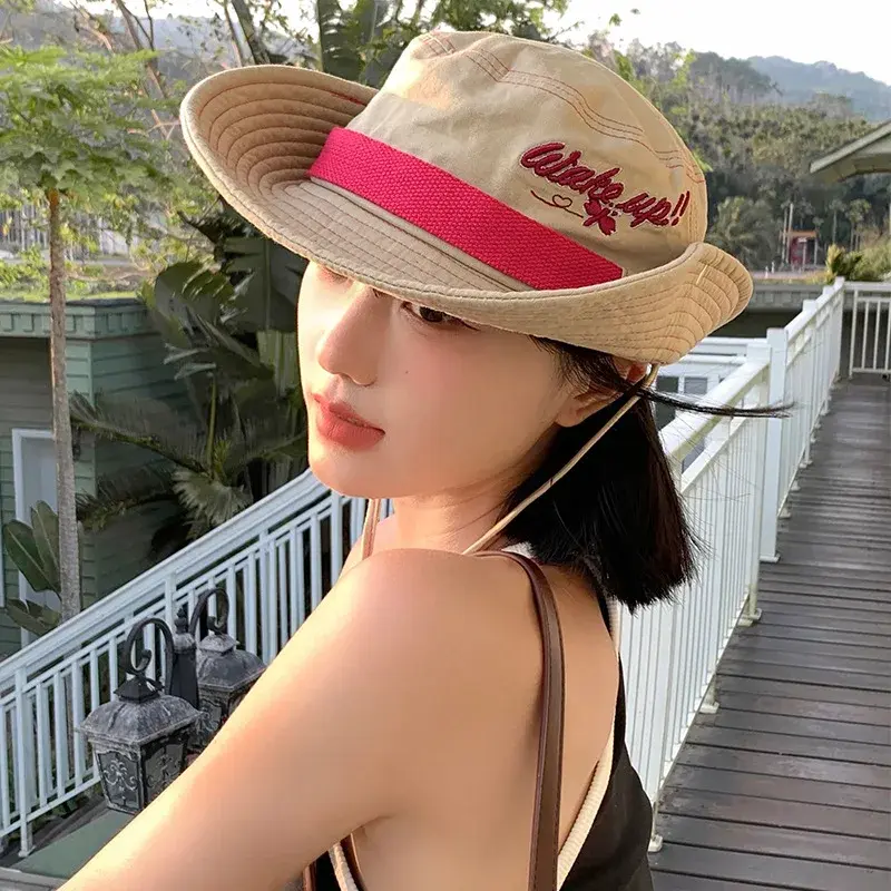 Outdoor Western Cowboy Hat Climbing Cap Women Summer Korean Version Large Brim Sunshade Fishing Net Hat Drawstring Camping