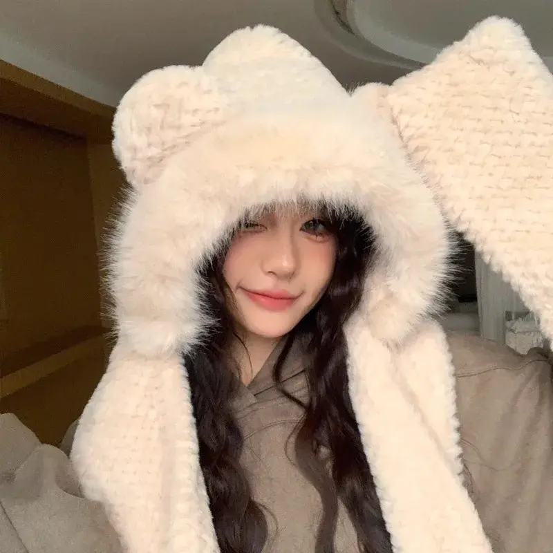 Warm Bear Plush Hat Scarf Set Cute Autumn Winter Three-piece Women's Style Hot Sale Of The Season New Arrival Cozy Faux Fur Head
