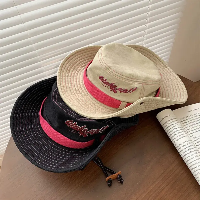 Outdoor Western Cowboy Hat Climbing Cap Women Summer Korean Version Large Brim Sunshade Fishing Net Hat Drawstring Camping
