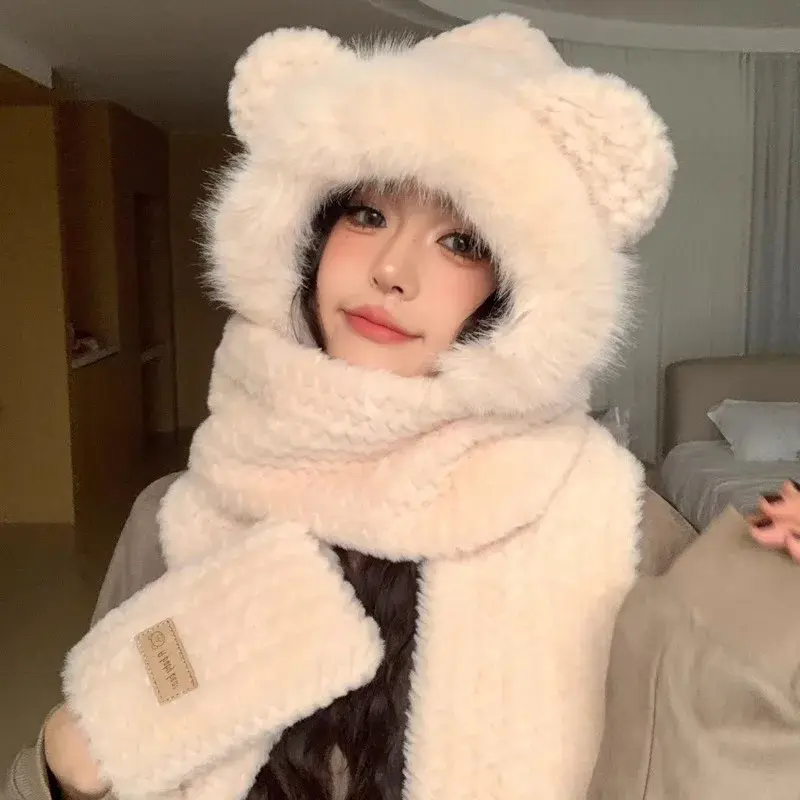 Warm Bear Plush Hat Scarf Set Cute Autumn Winter Three-piece Women's Style Hot Sale Of The Season New Arrival Cozy Faux Fur Head