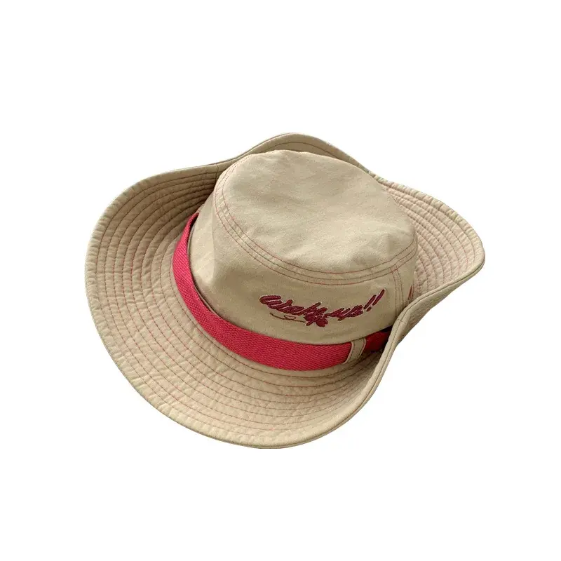 Outdoor Western Cowboy Hat Climbing Cap Women Summer Korean Version Large Brim Sunshade Fishing Net Hat Drawstring Camping