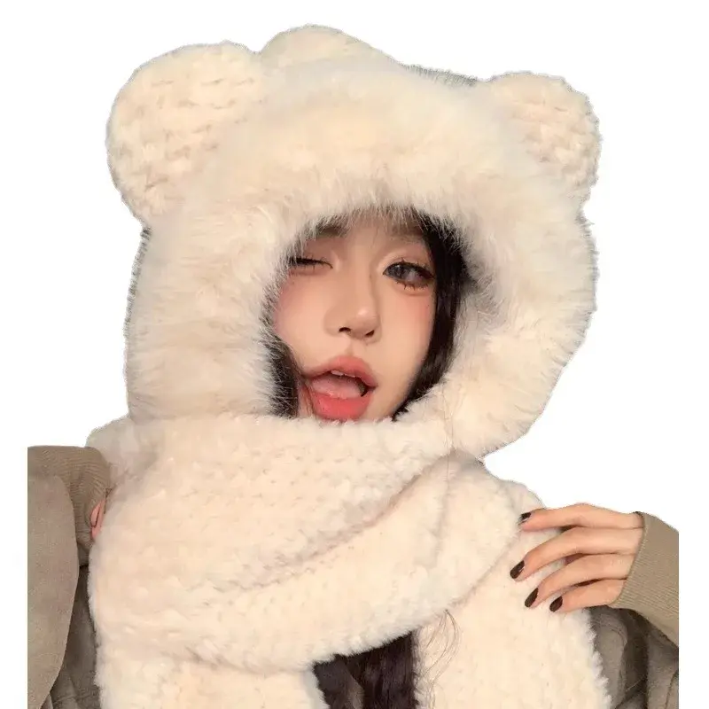 Warm Bear Plush Hat Scarf Set Cute Autumn Winter Three-piece Women's Style Hot Sale Of The Season New Arrival Cozy Faux Fur Head