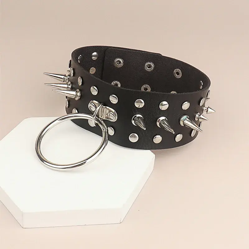 Punk Gothic Style Cropped Studded Sharpened Round Ring PU Leather Necklace Street Photography Leather Choker Necklace