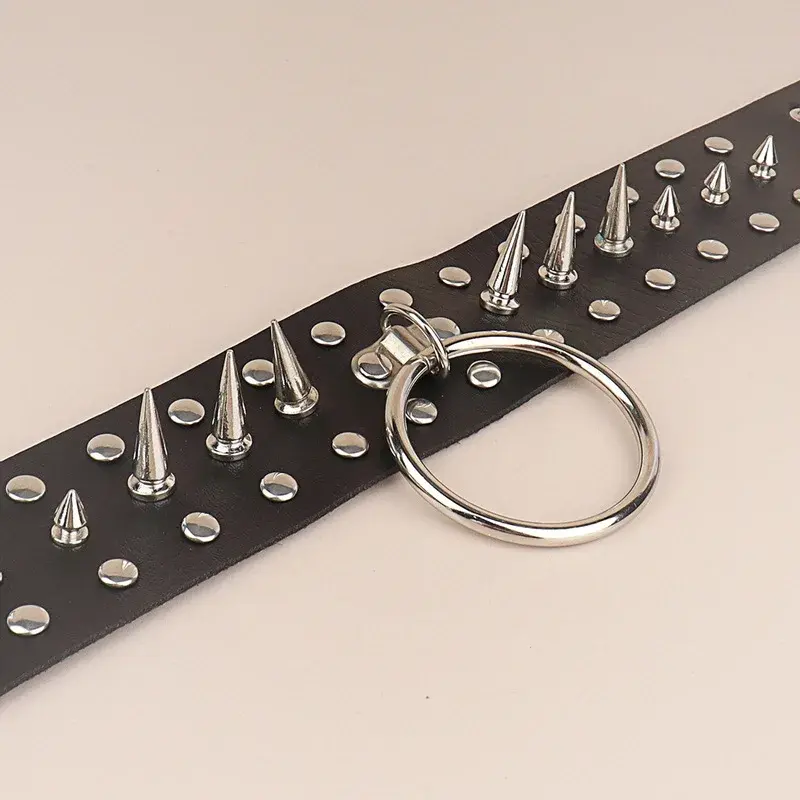 Punk Gothic Style Cropped Studded Sharpened Round Ring PU Leather Necklace Street Photography Leather Choker Necklace