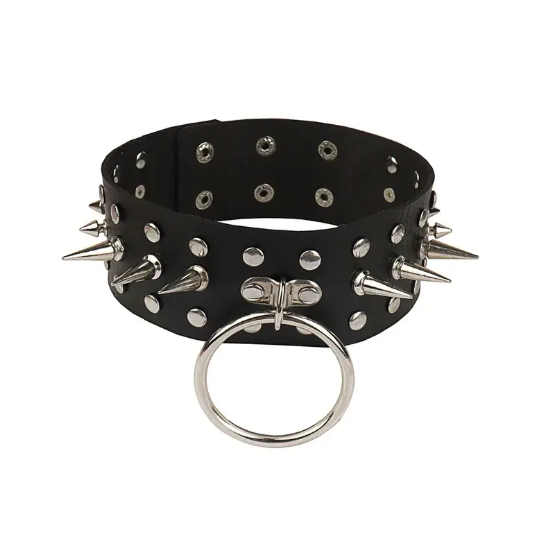 Punk Gothic Style Cropped Studded Sharpened Round Ring PU Leather Necklace Street Photography Leather Choker Necklace