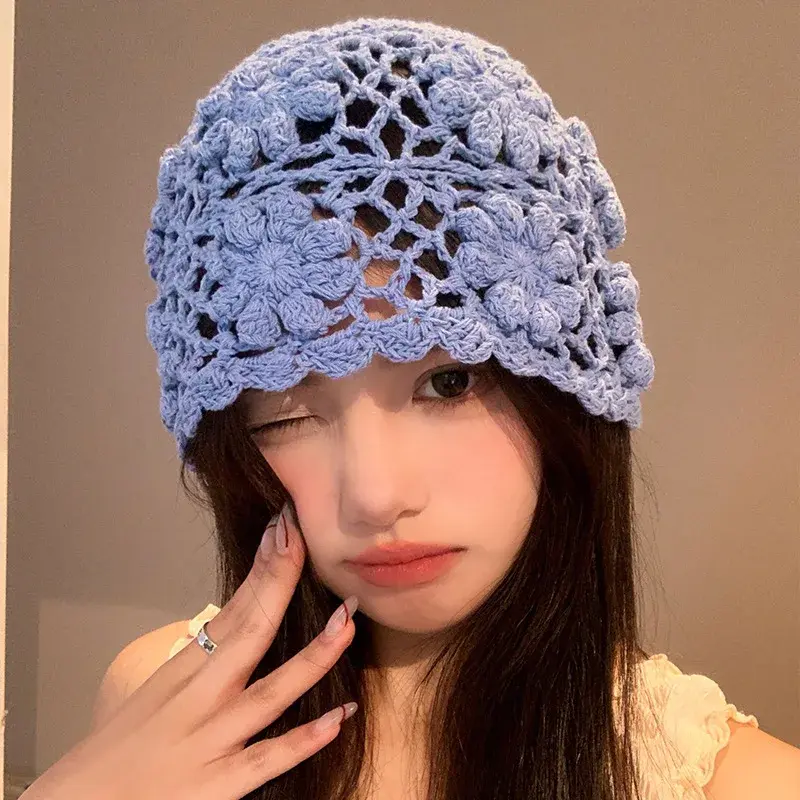 Handmade Knitted Blue Hat Women Spring Summer Travel Photography Big Head Size Hollow out Design Ethnic Style Cap Lace Net Hat