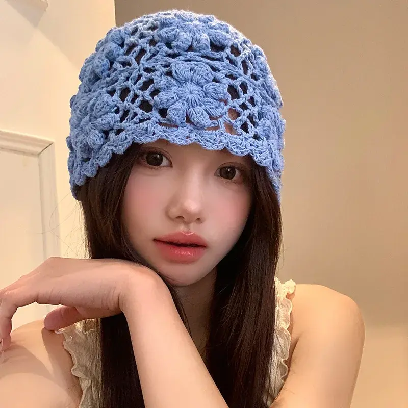 Handmade Knitted Blue Hat Women Spring Summer Travel Photography Big Head Size Hollow out Design Ethnic Style Cap Lace Net Hat