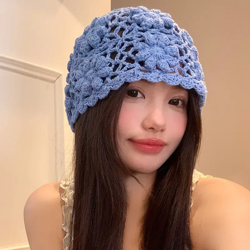 Handmade Knitted Blue Hat Women Spring Summer Travel Photography Big Head Size Hollow out Design Ethnic Style Cap Lace Net Hat