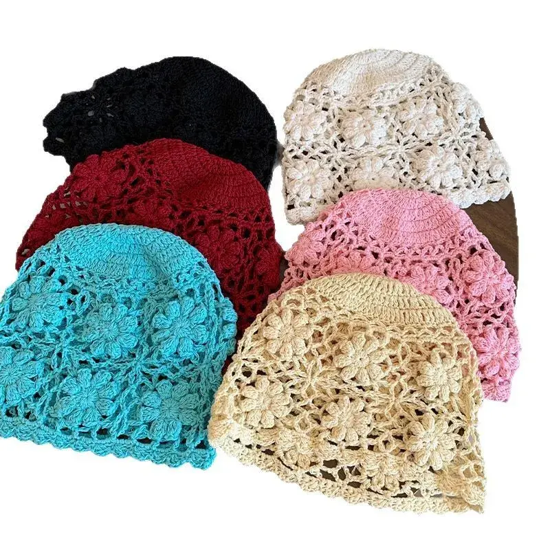 Handmade Knitted Blue Hat Women Spring Summer Travel Photography Big Head Size Hollow out Design Ethnic Style Cap Lace Net Hat