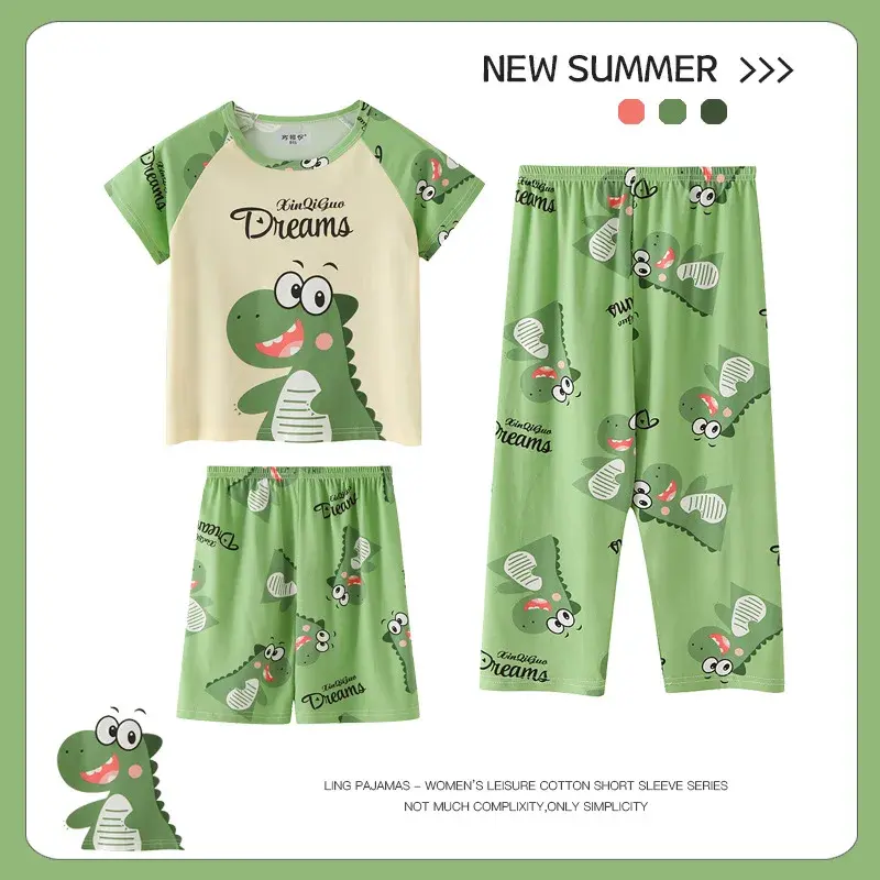 Girls Children's Summer Sleepwear Thin Short Sleeve Long Pants Home Clothes Cartoon Design Kids' Pyjamas Set Lightweight